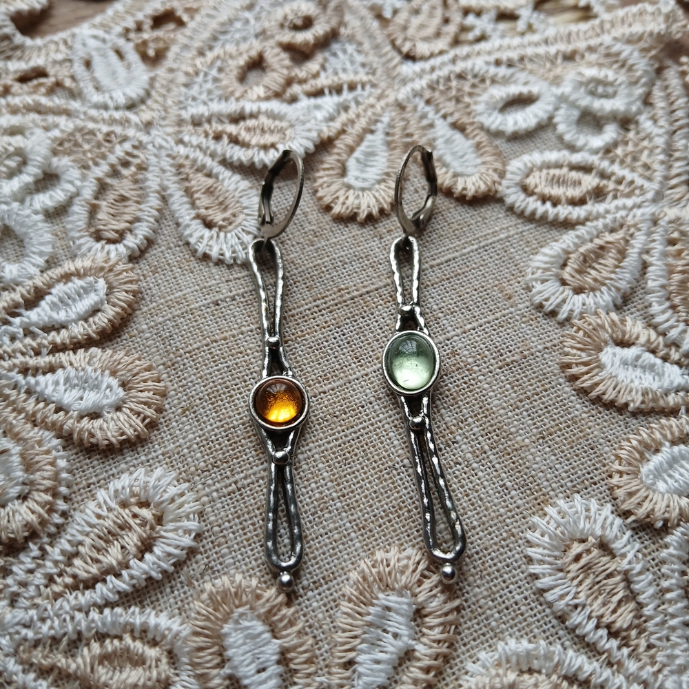 Elegant Silver Drop Earrings with Amber and Green Accents